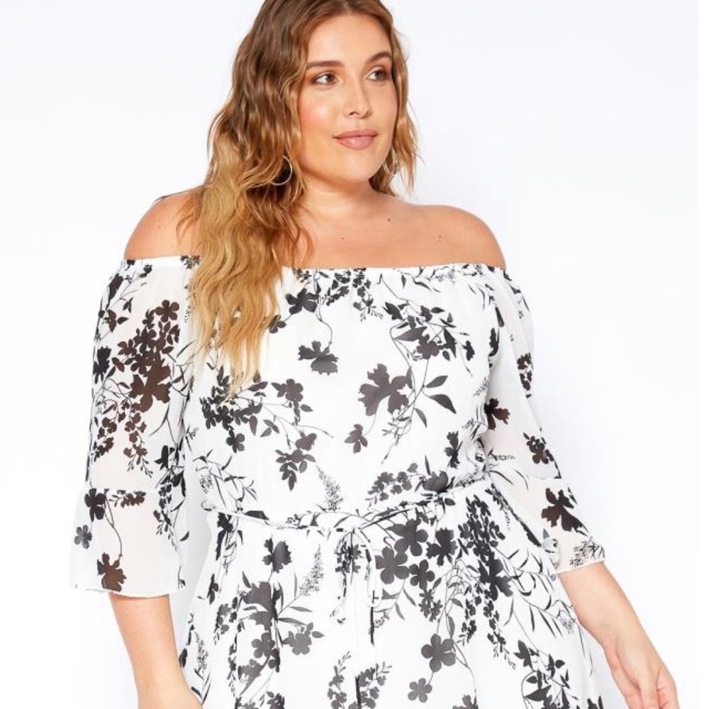 Asoph Plus Size Black White Floral Chiffon Dress